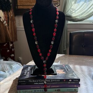 Geometric White House, black market, dark pewter faceted, red glass Y necklace